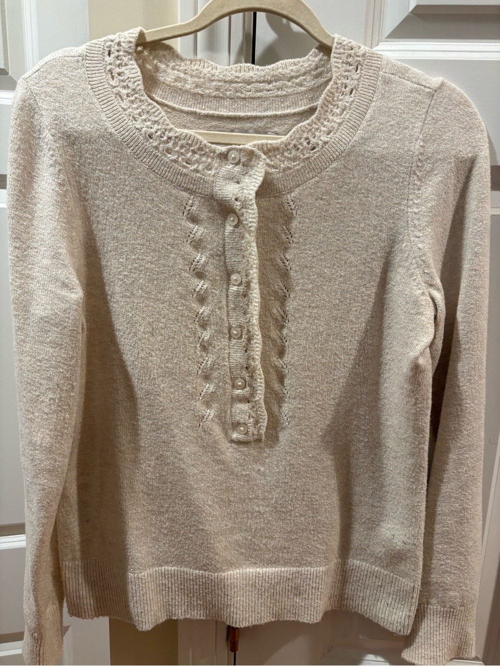 LOFT Cream Crewneck Sweater with Button Placket